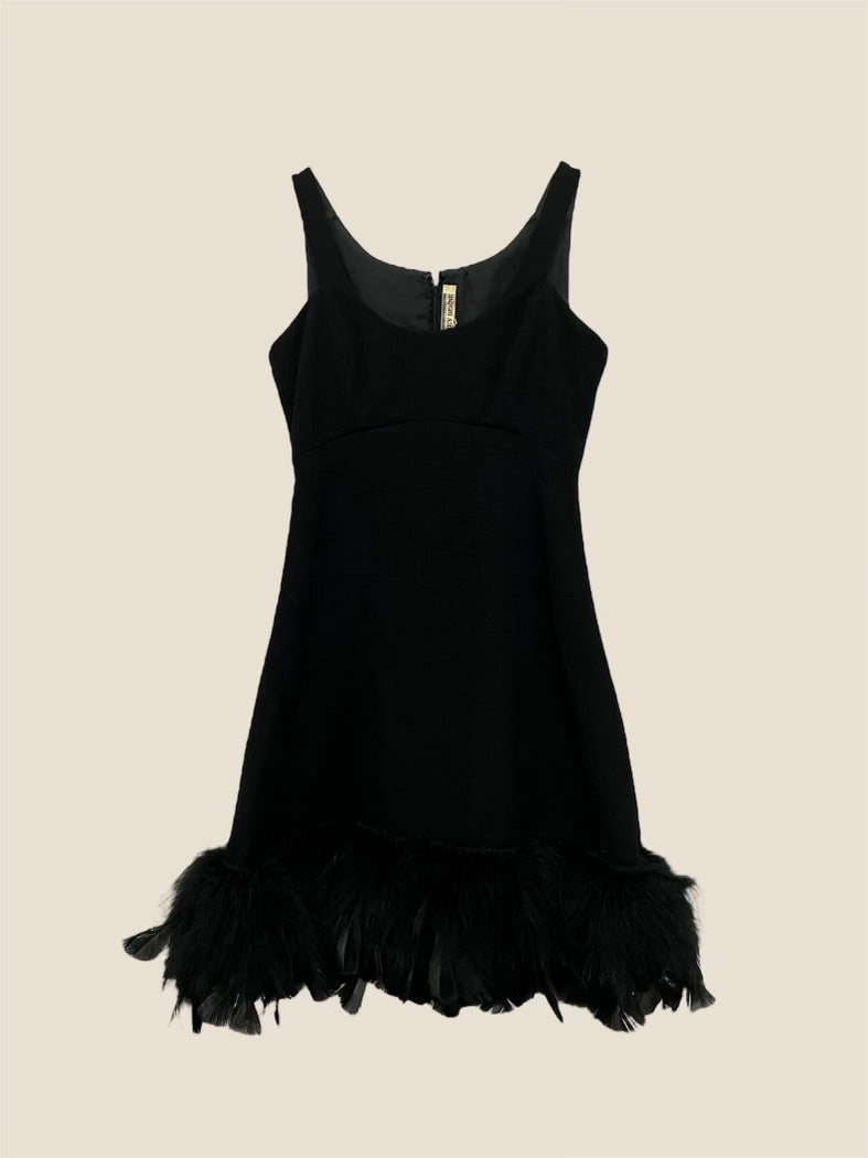 Vintage 1967 Geoffrey Beene Black Wool & Feather Cocktail Dress