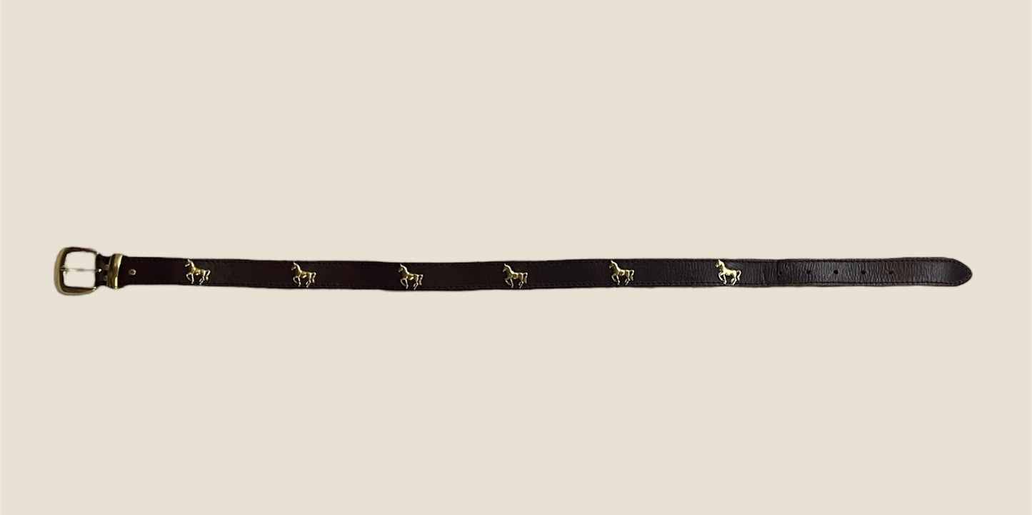Vintage Brown Leather Belt With Brass Horse Details