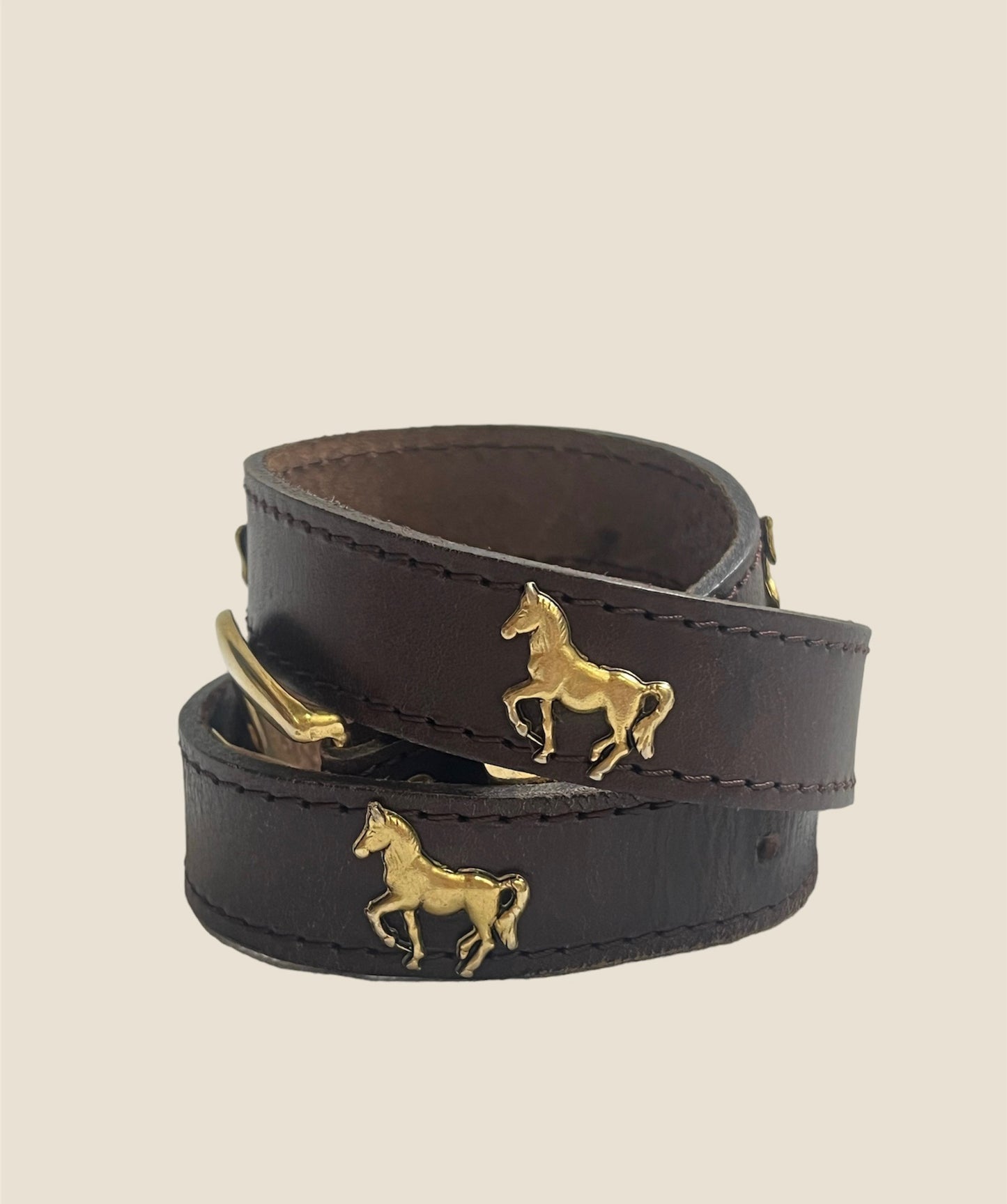 Vintage Brown Leather Belt With Brass Horse Details