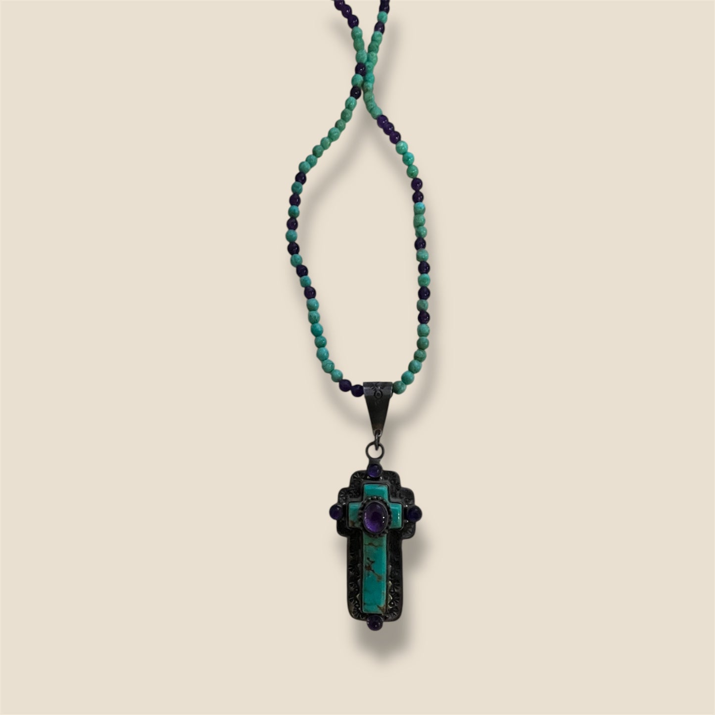 David Troutman Navajo Turquoise and Amethyst Sterling Silver Cross Pendant & Necklace