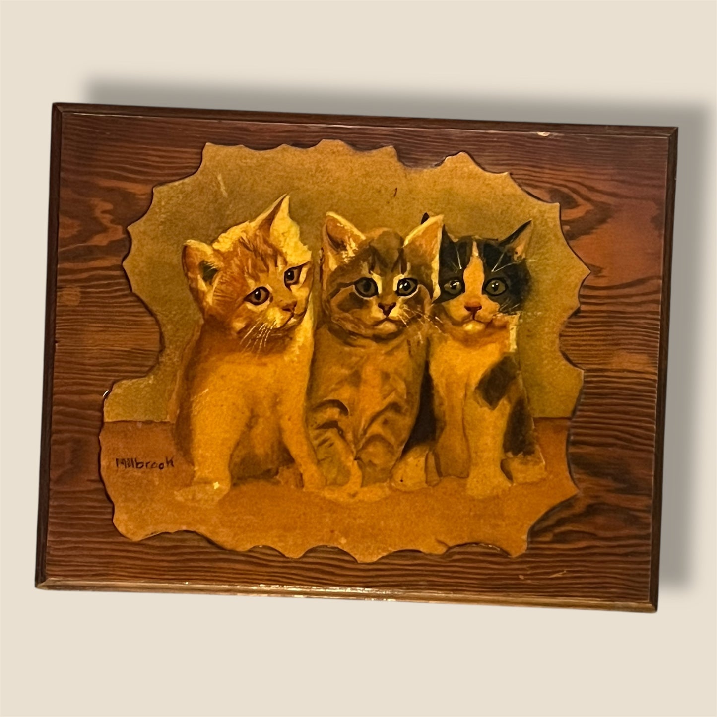 Vintage Art Hand Painted Kitten Trio Lacquered onto Wood, Signed