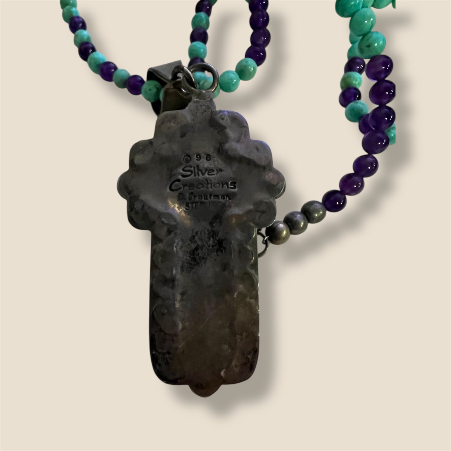 David Troutman Navajo Turquoise and Amethyst Sterling Silver Cross Pendant & Necklace