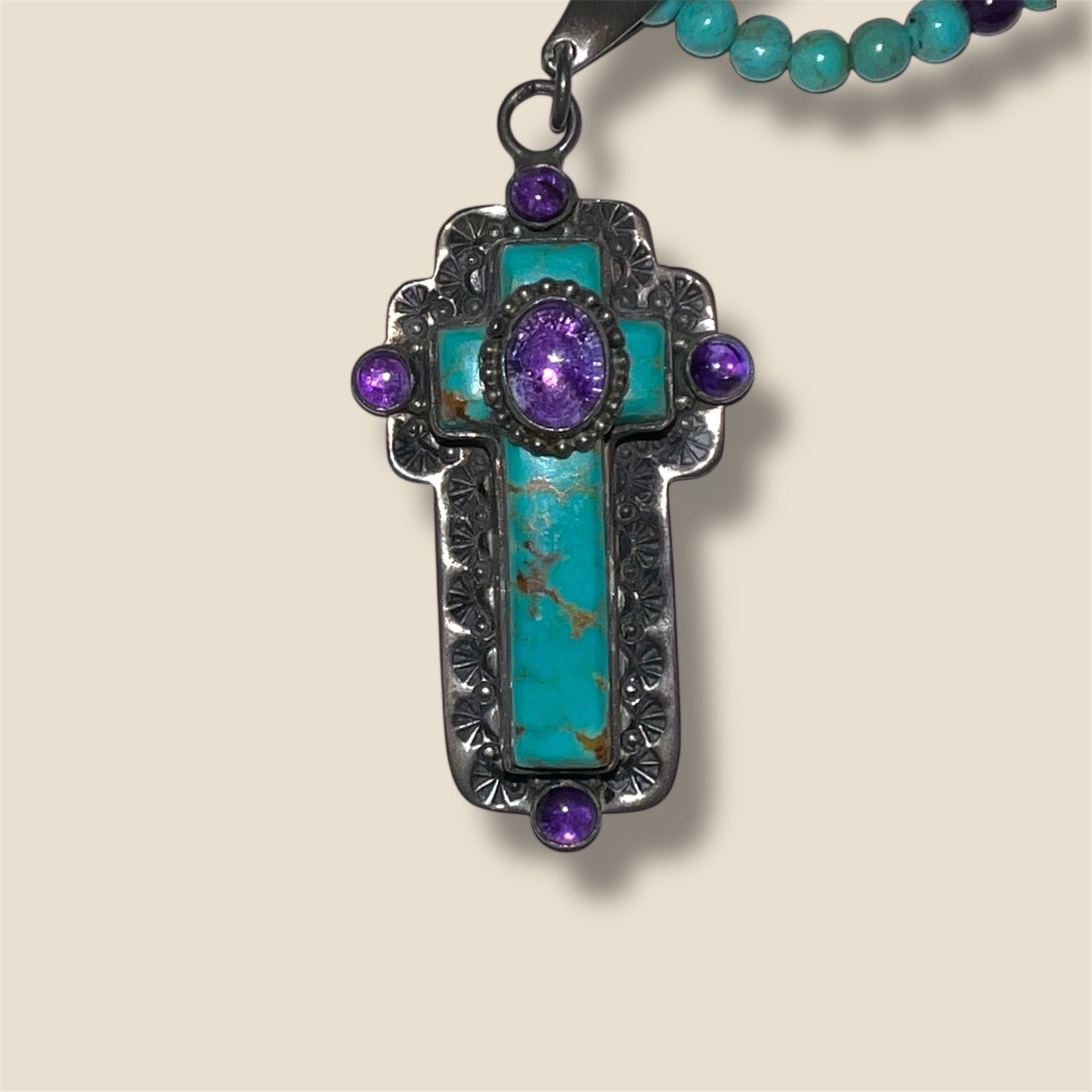David Troutman Navajo Turquoise and Amethyst Sterling Silver Cross Pendant & Necklace