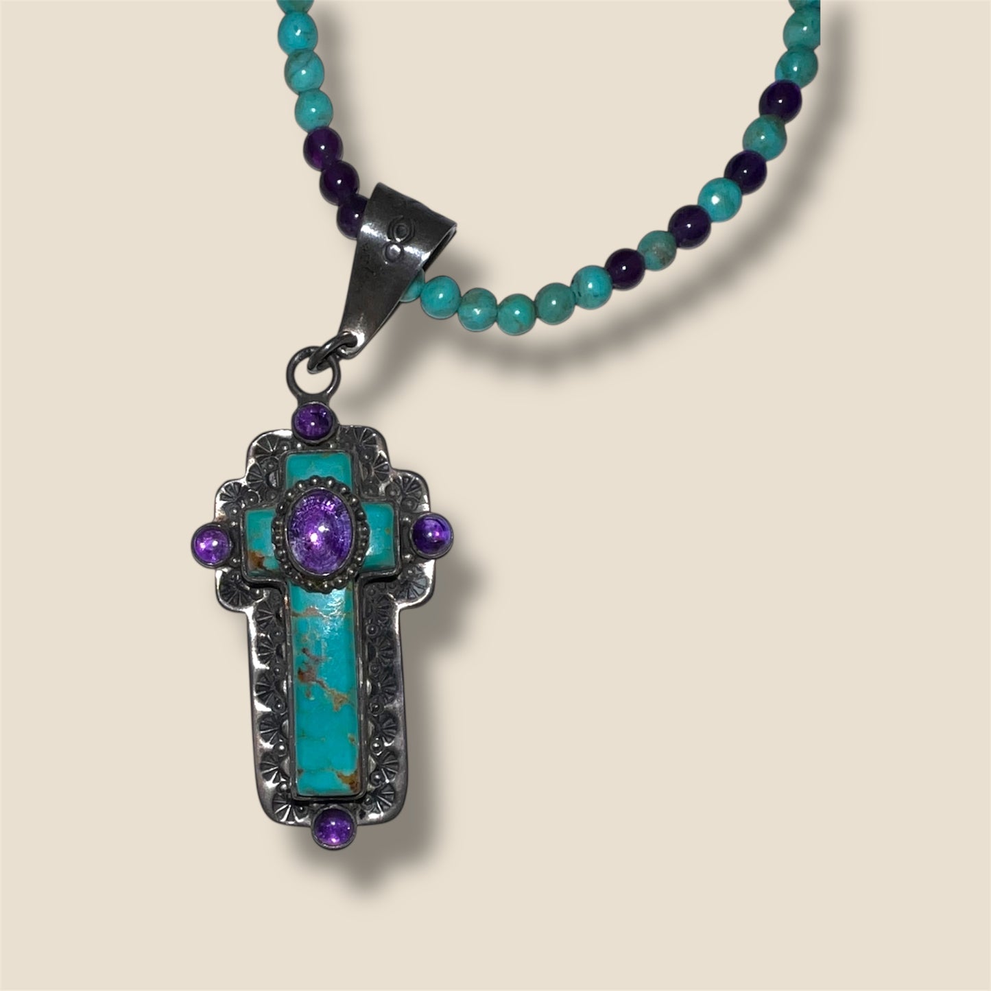 David Troutman Navajo Turquoise and Amethyst Sterling Silver Cross Pendant & Necklace