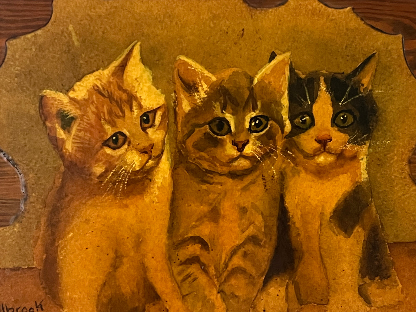 Vintage Art Hand Painted Kitten Trio Lacquered onto Wood, Signed