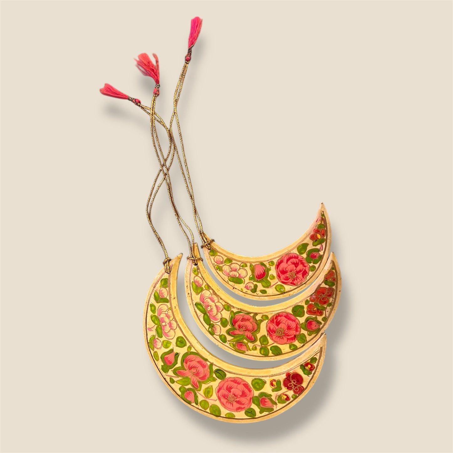 Set of 3 Hand Painted Vintage Floral Crescent Moon Wooden Ornaments