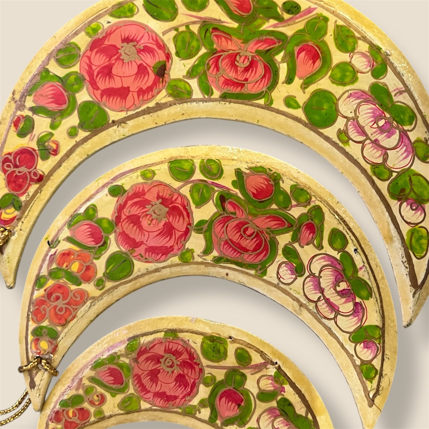 Set of 3 Hand Painted Vintage Floral Crescent Moon Wooden Ornaments