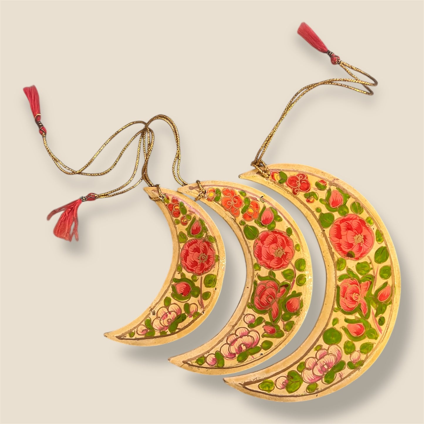 Set of 3 Hand Painted Vintage Floral Crescent Moon Wooden Ornaments