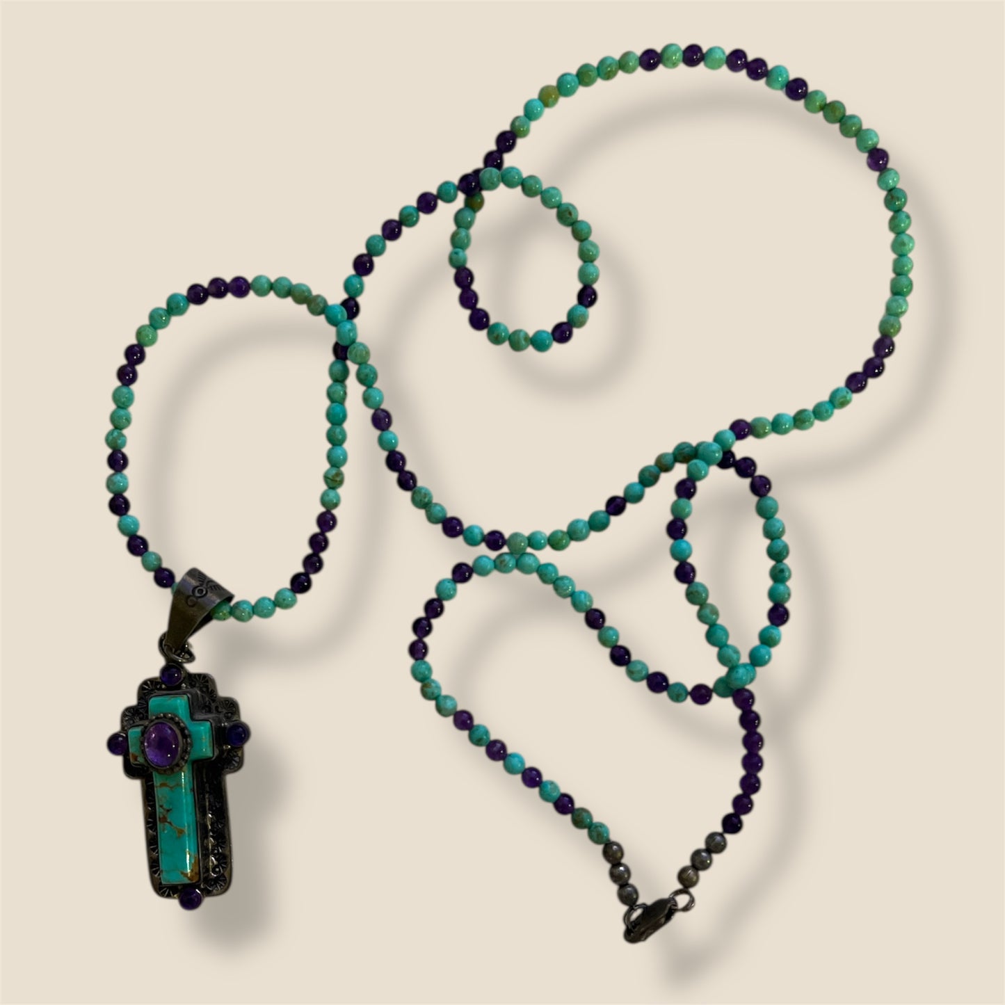 David Troutman Navajo Turquoise and Amethyst Sterling Silver Cross Pendant & Necklace