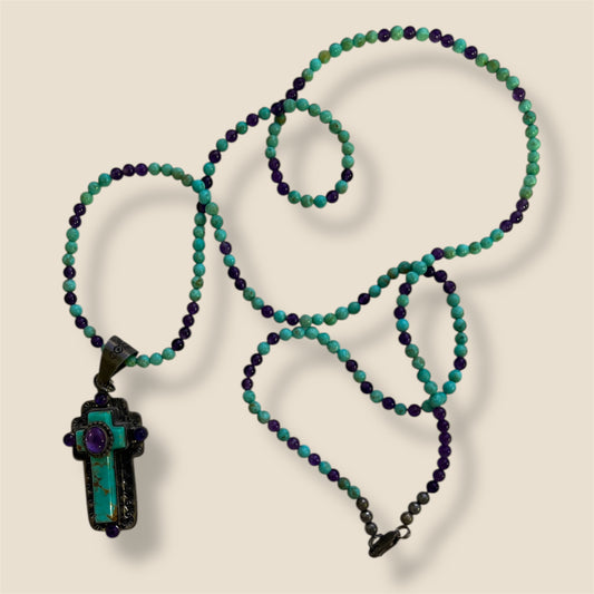 David Troutman Navajo Turquoise and Amethyst Sterling Silver Cross Pendant & Necklace